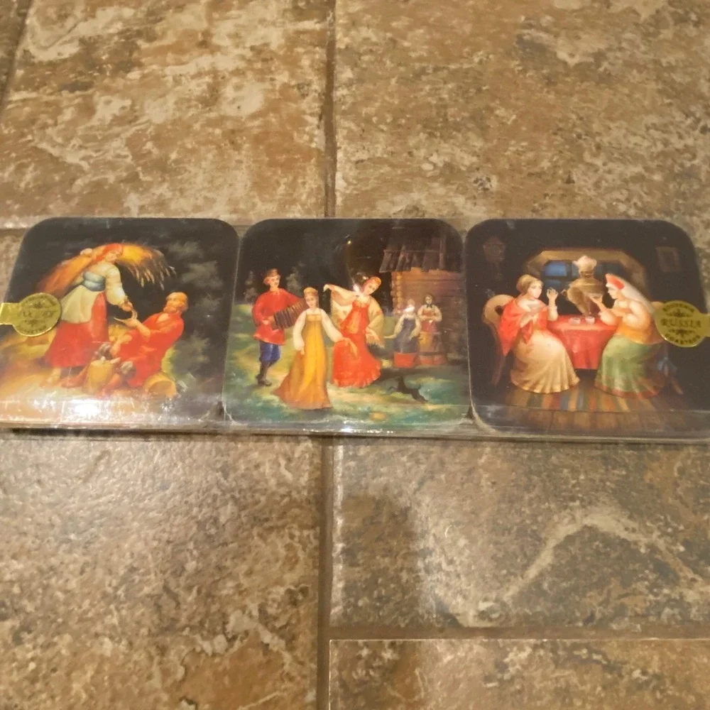 Souvenir Russia Coasters Set 6 Multicolor New Folk Art Traditional Rural Scenes